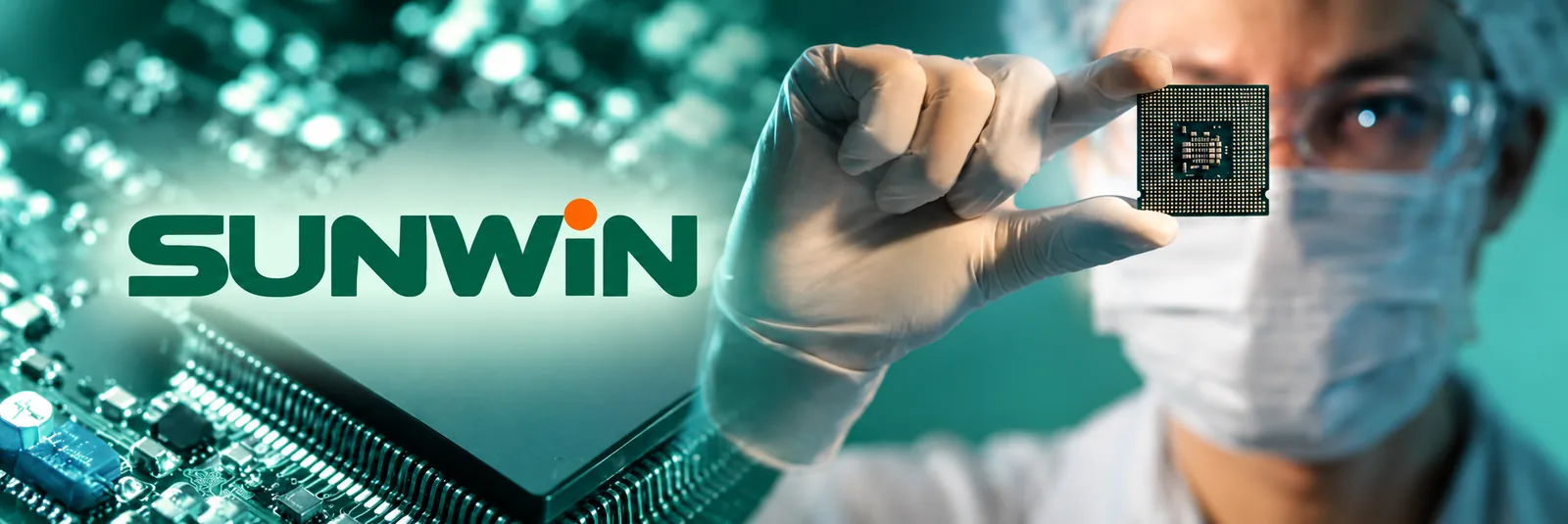 SUNWIN brand banner showing an electronics technician holding a semiconductor chip