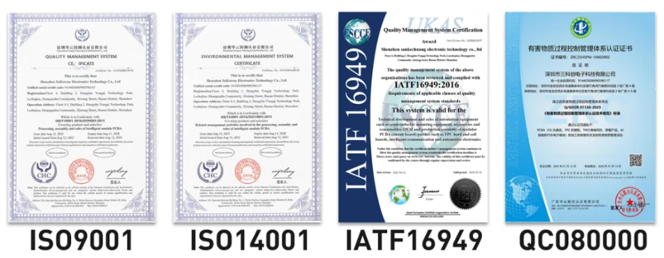 Original ISO 9001, ISO 14001, IATF 16949 and QC 080000 certificates issued to the manufacturing base